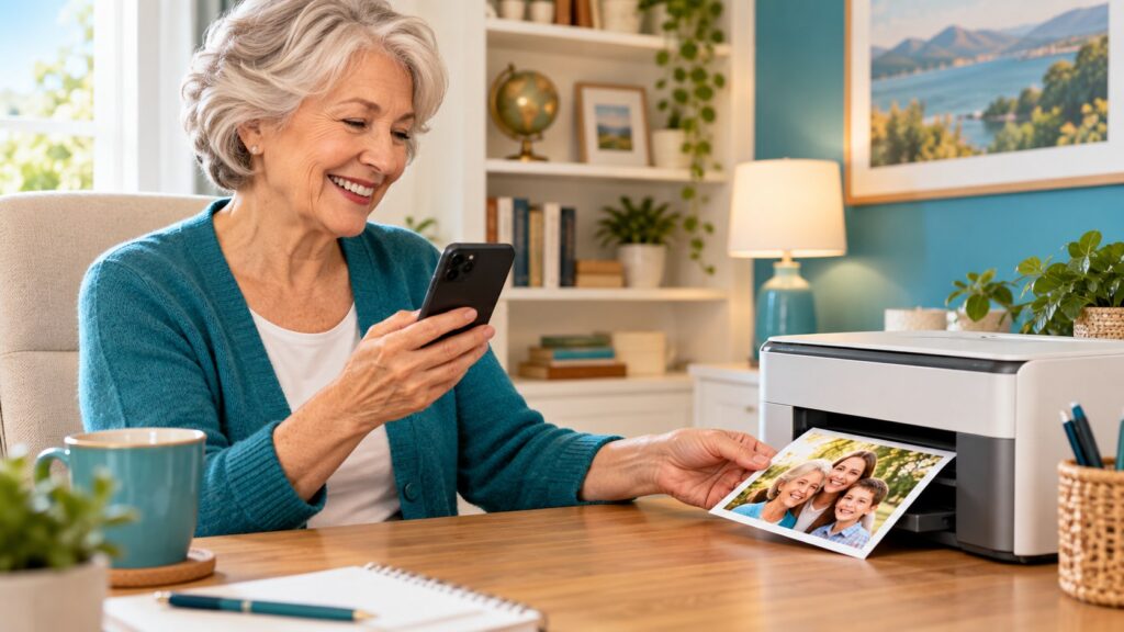 Senior woman using a smartphone beside a home printer producing a family photograph