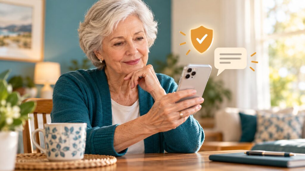 Senior woman checking a smartphone beside conceptual shield and message icons