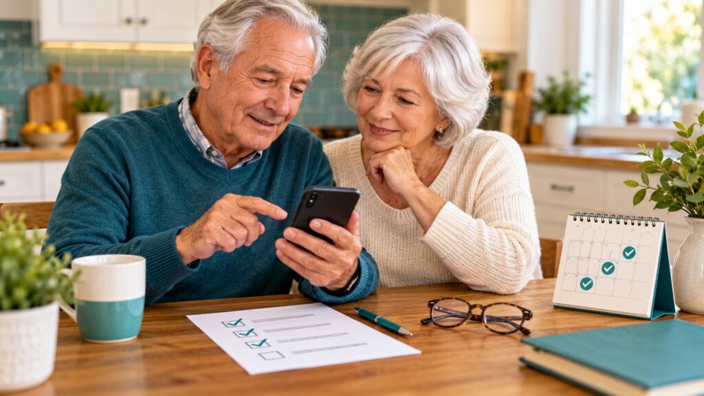 Senior couple reviewing a smartphone and a paper checklist at home