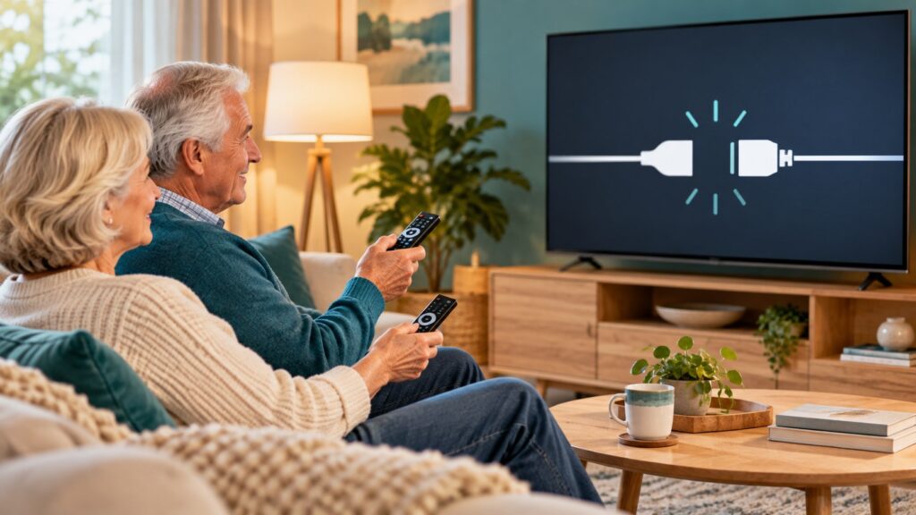 Senior couple using remotes beside a television with a conceptual disconnected cable symbol